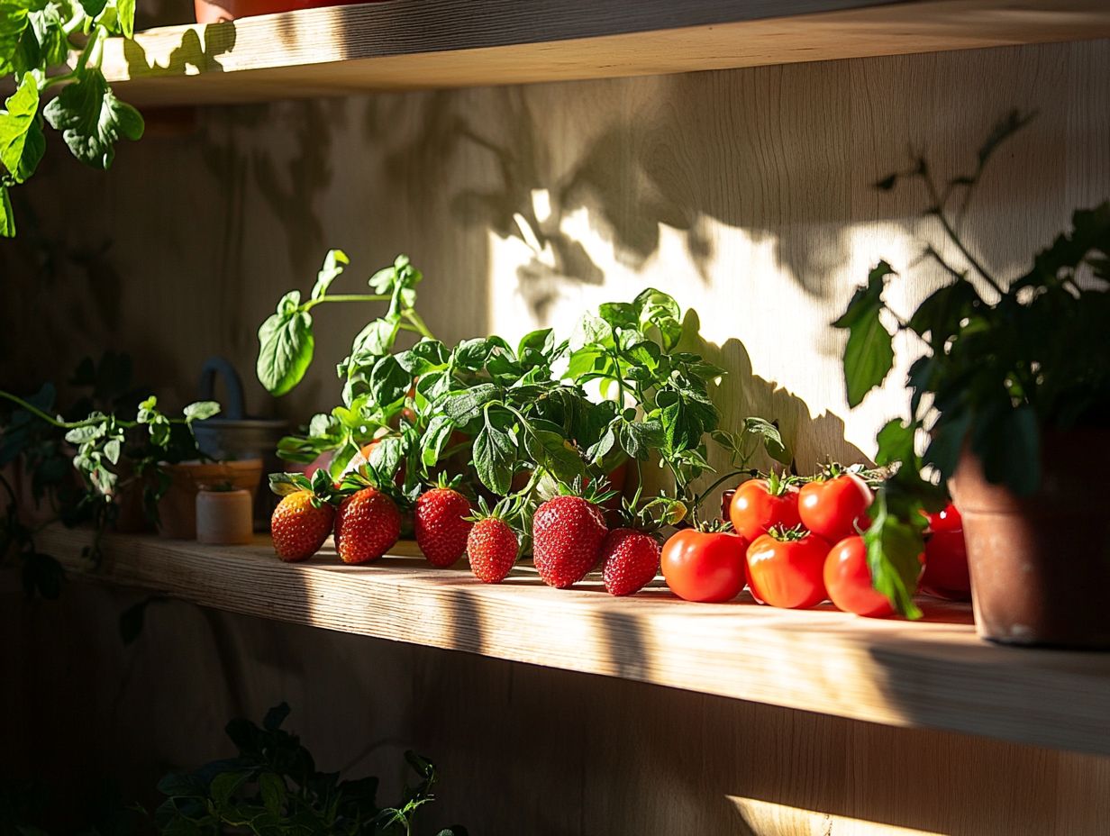 A colorful display of thriving indoor fruiting plants, showcasing ideal growth conditions.