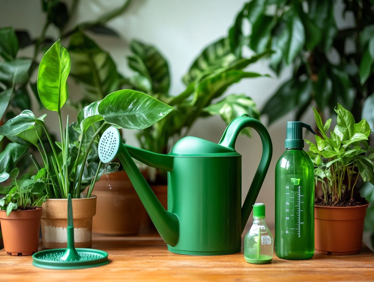 A collection of essential tools for indoor plant watering including a spray bottle.