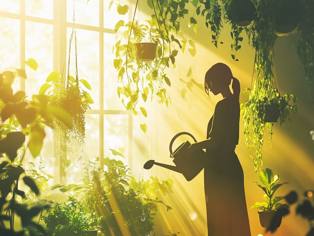 A person using a watering wand on hanging plants