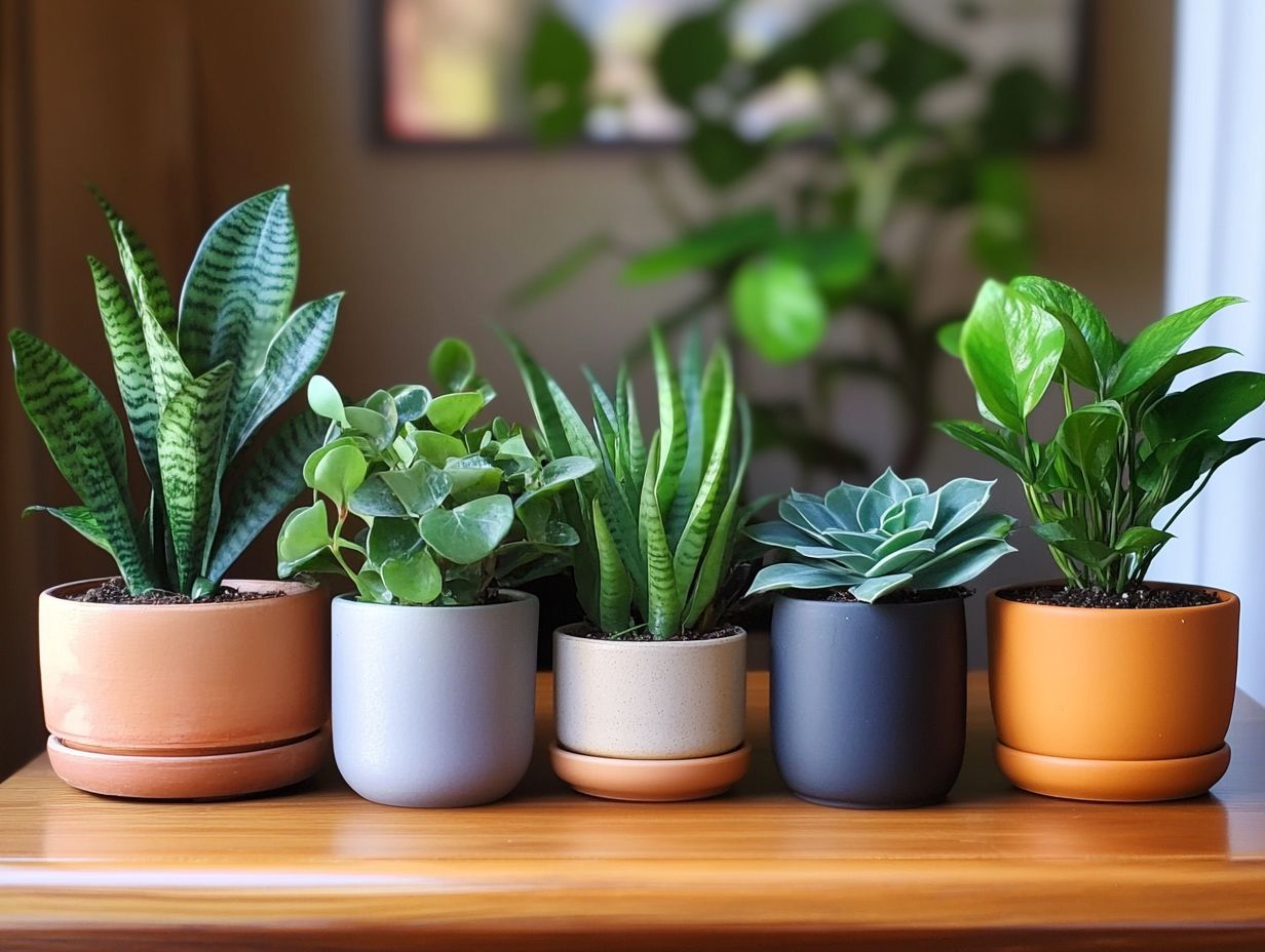 A collection of low-water plants in various pots