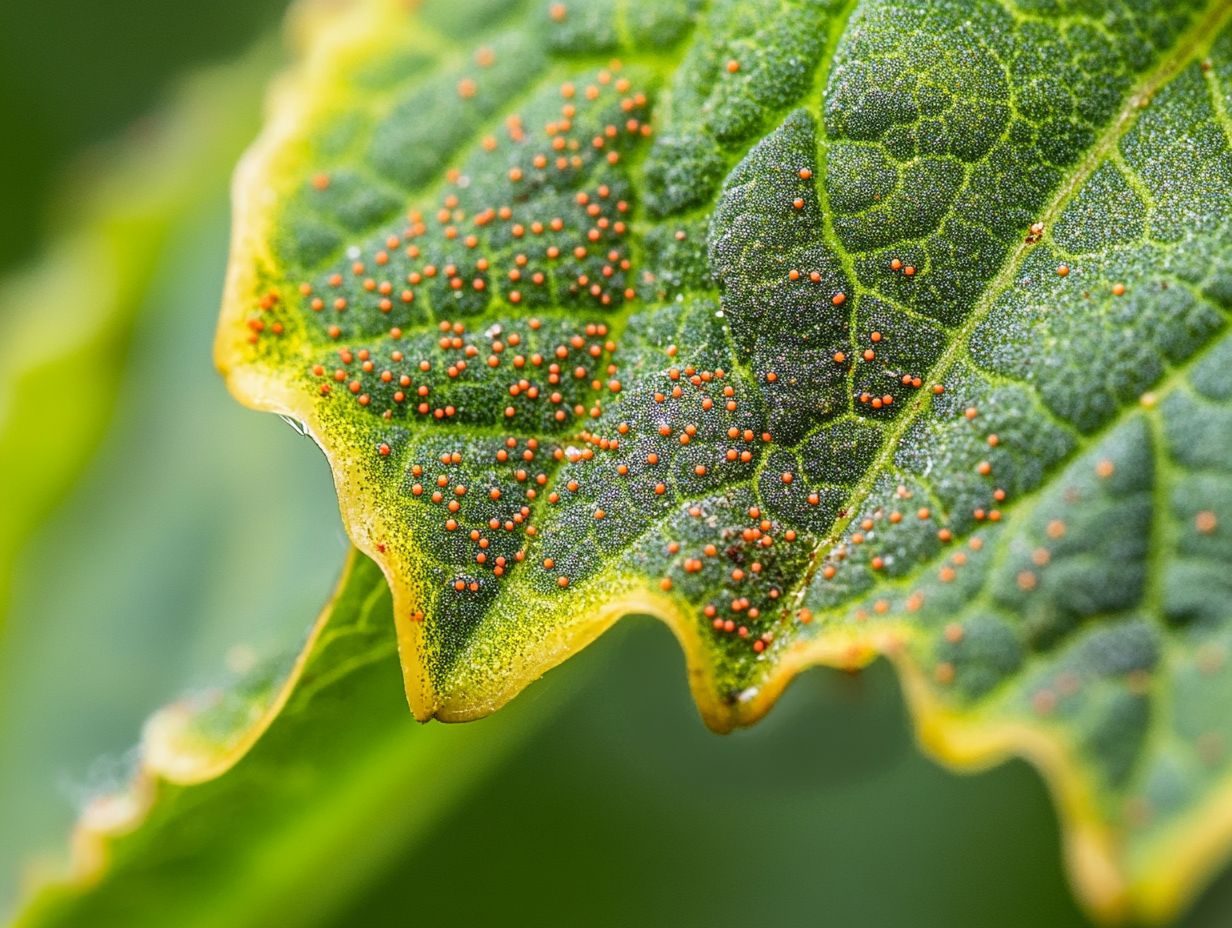 Close-up of visible tiny spider mites on a plant leaf.