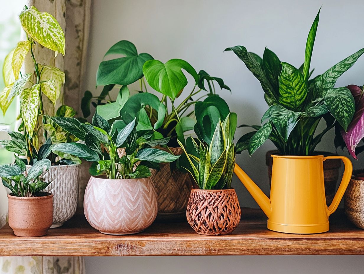 A collage of 7 indoor plants that thrive on regular watering.