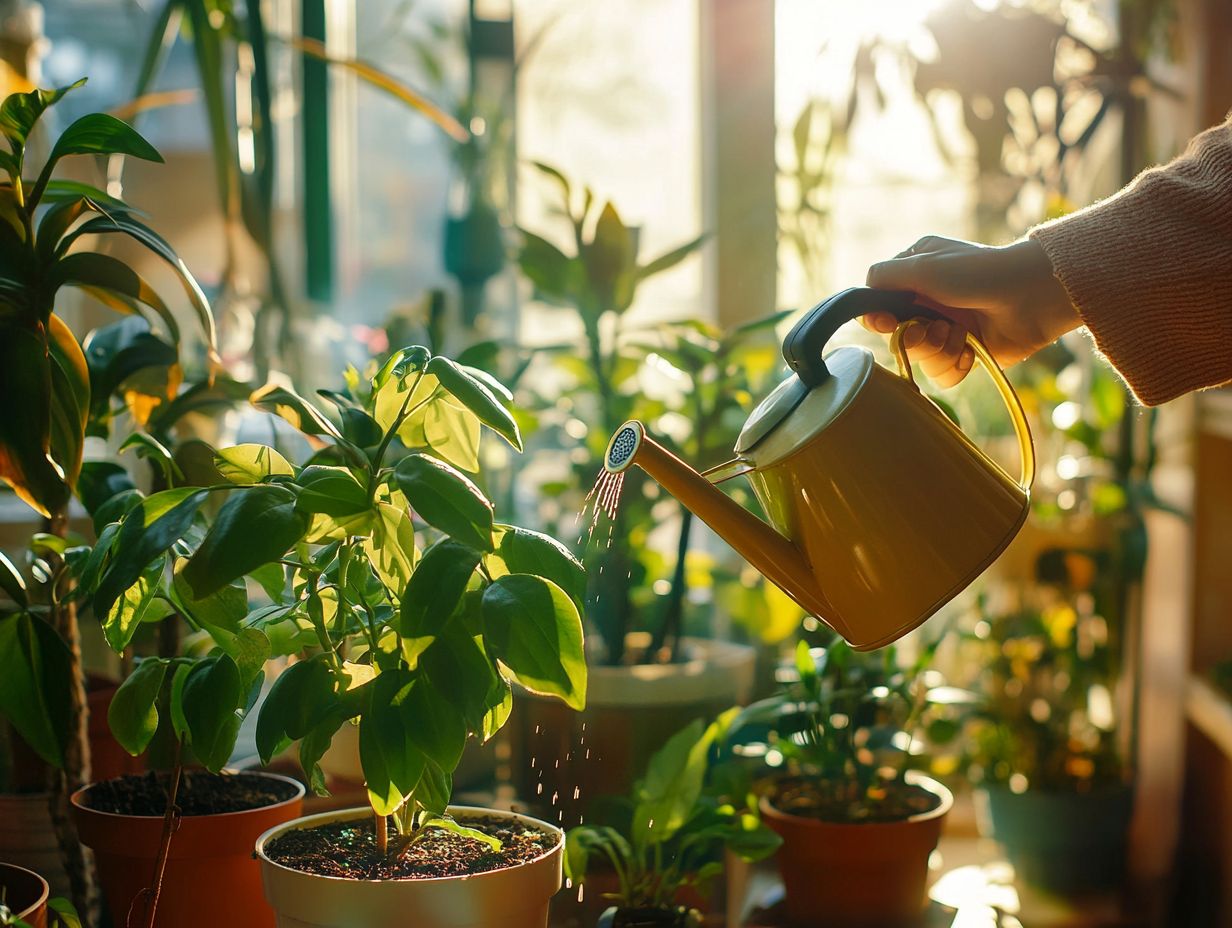 Illustration of tools and methods for maintaining indoor plant moisture levels