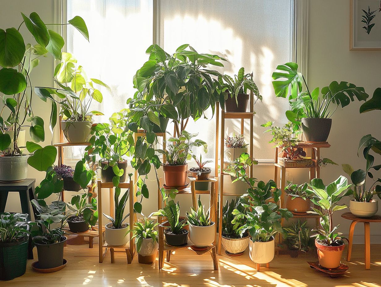 Stylish plant stand with built-in shelves displaying various plants