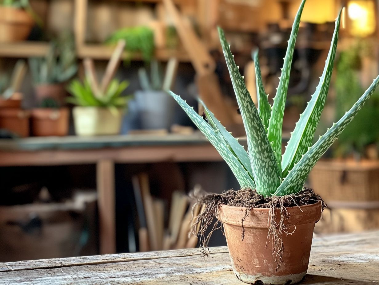 Image of supplies and setup for aloe vera propagation, including containers, soil mix, and tools.