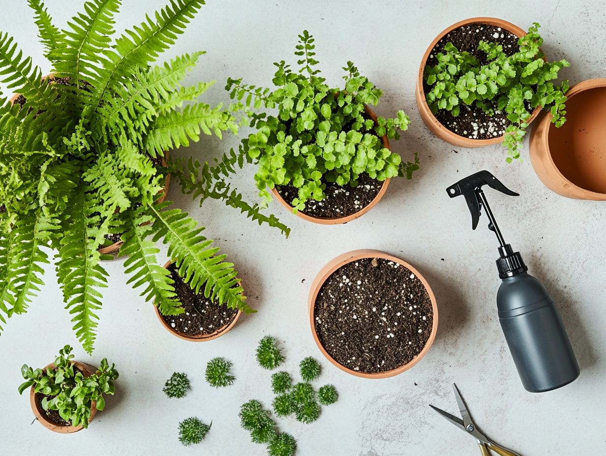 Illustration showing step-by-step instructions for propagating indoor ferns