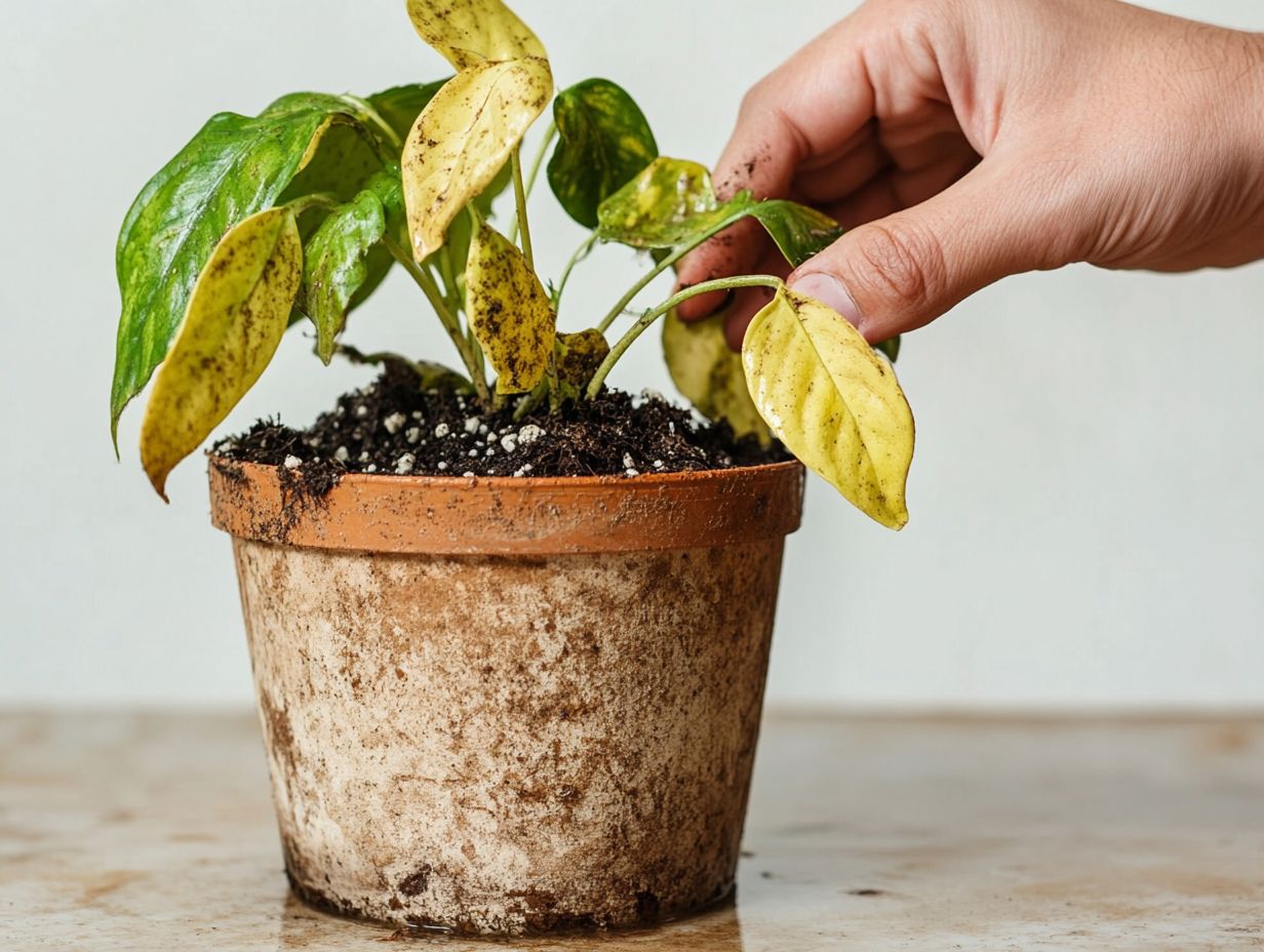 Signs of overwatering in plants: yellowing leaves and mold growth.