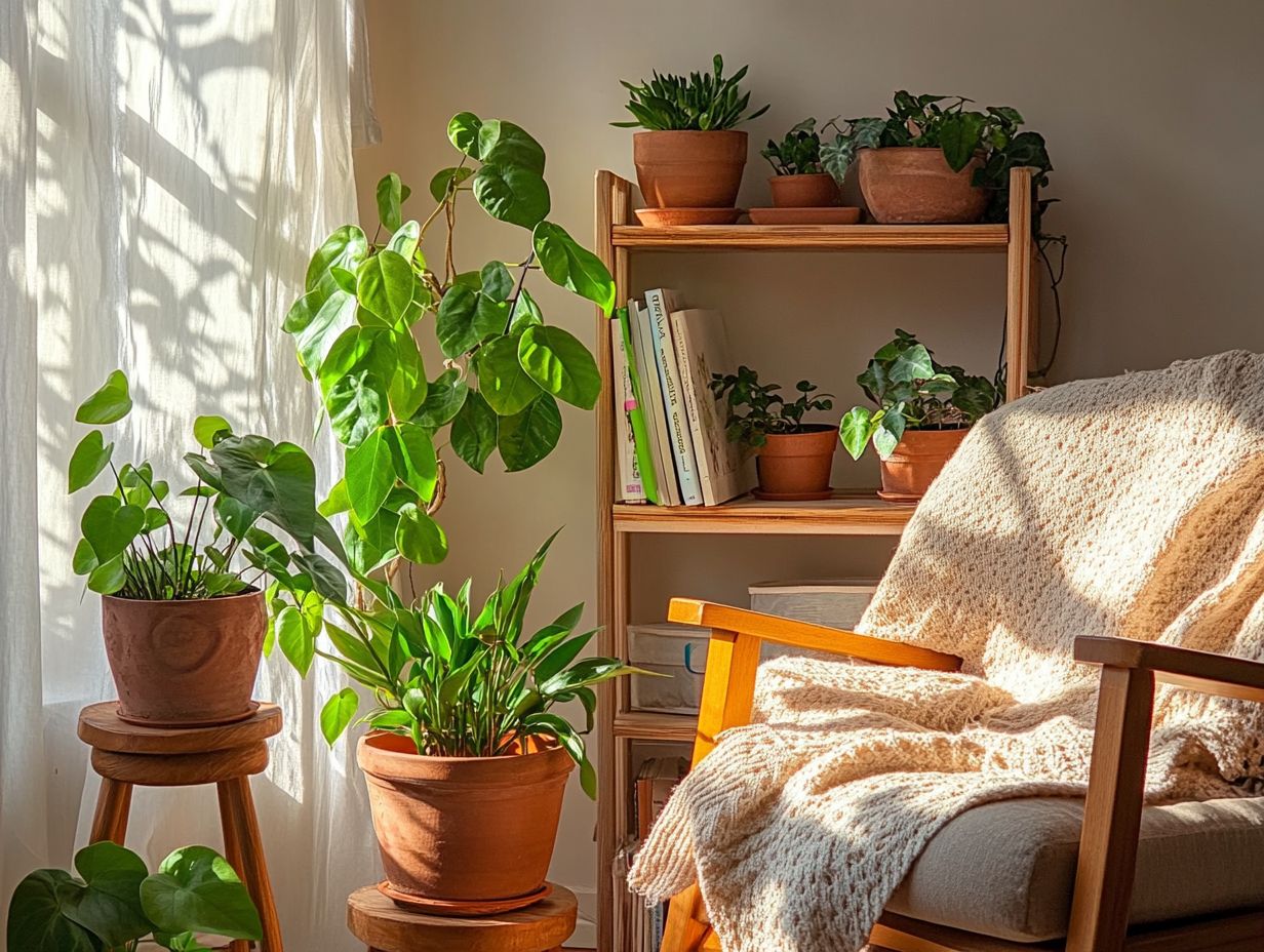 A beautifully organized indoor plant corner featuring natural elements