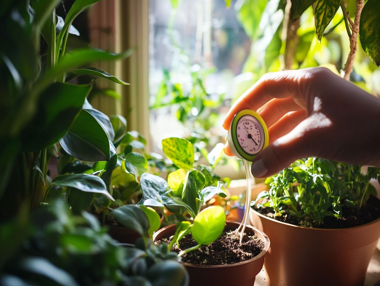 A person using a watering gauge to check the moisture level of indoor plants