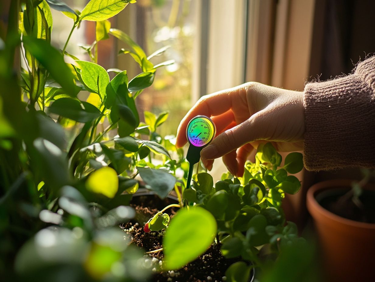 A gardener using a watering gauge to check soil moisture levels