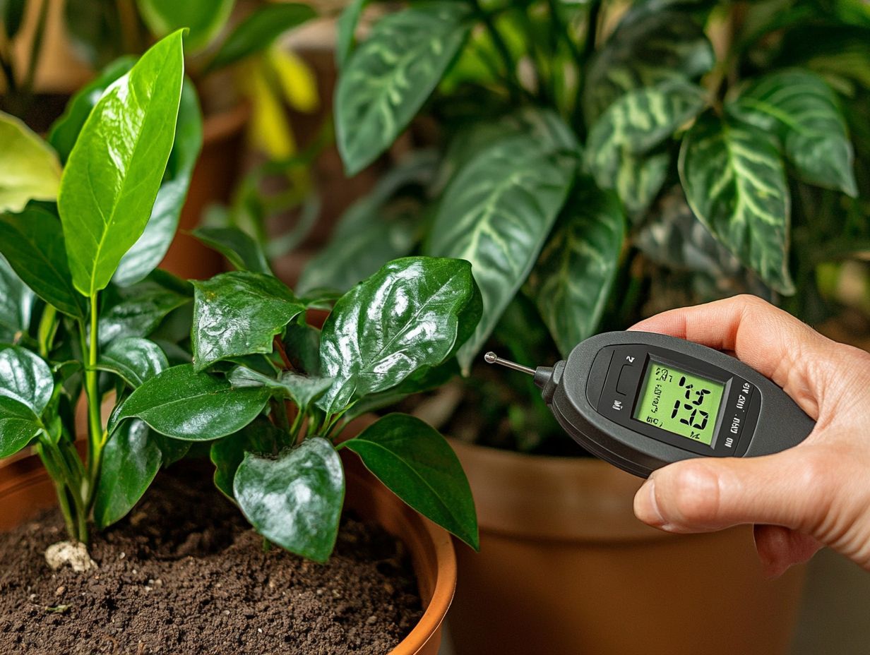 Person using a moisture meter on indoor plants