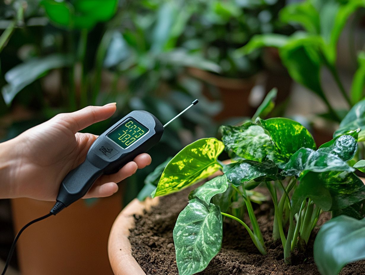 A gardener using a moisture meter to check soil moisture