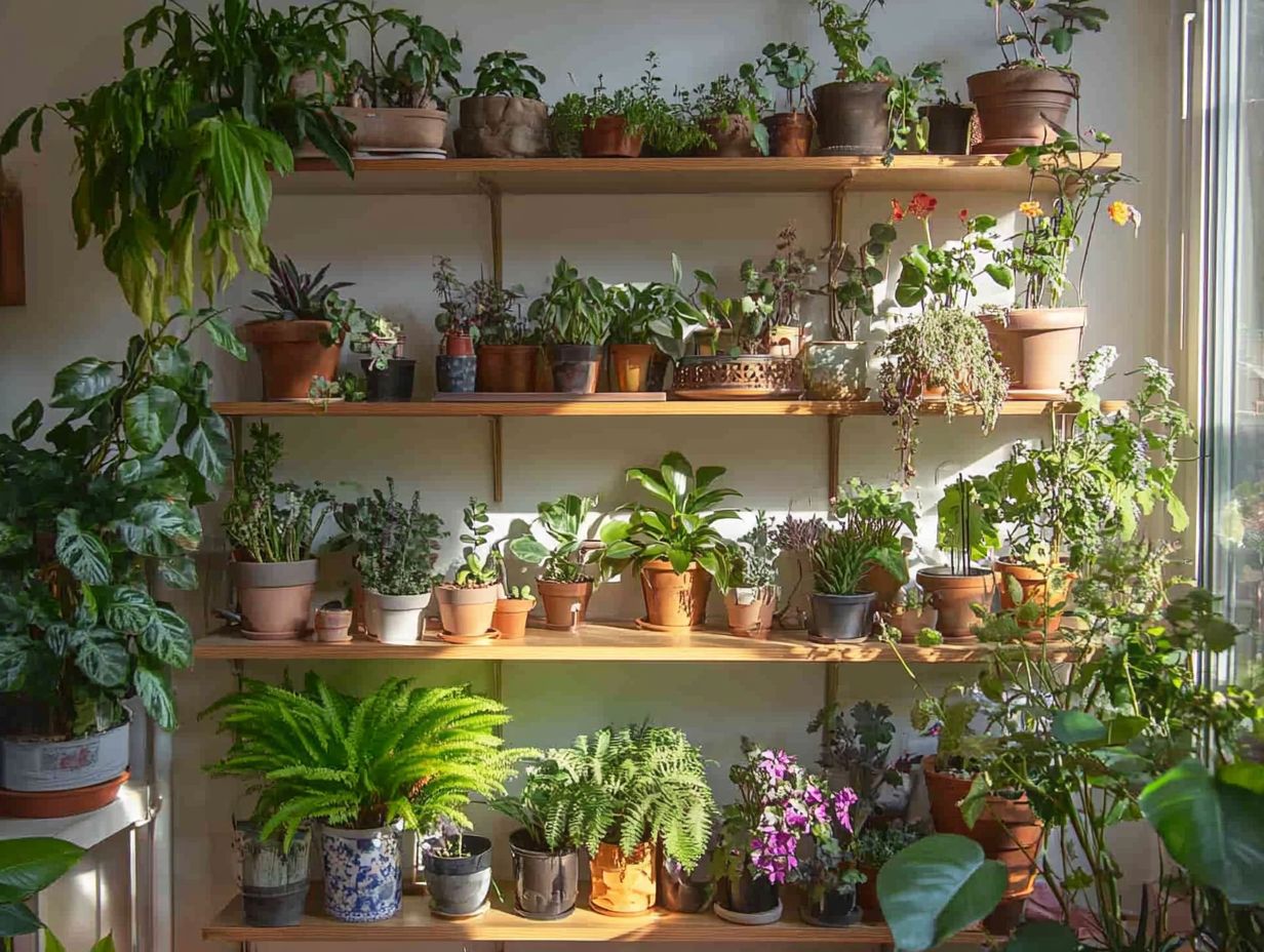 Colorful indoor plant display showcasing diverse shapes and colors.