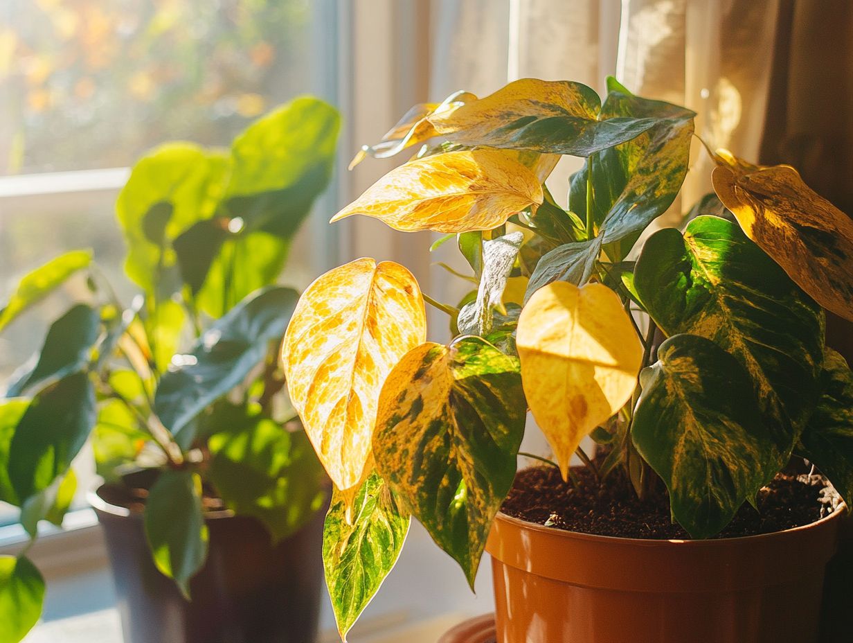 Image showing the symptoms and causes of light burn in indoor plants.