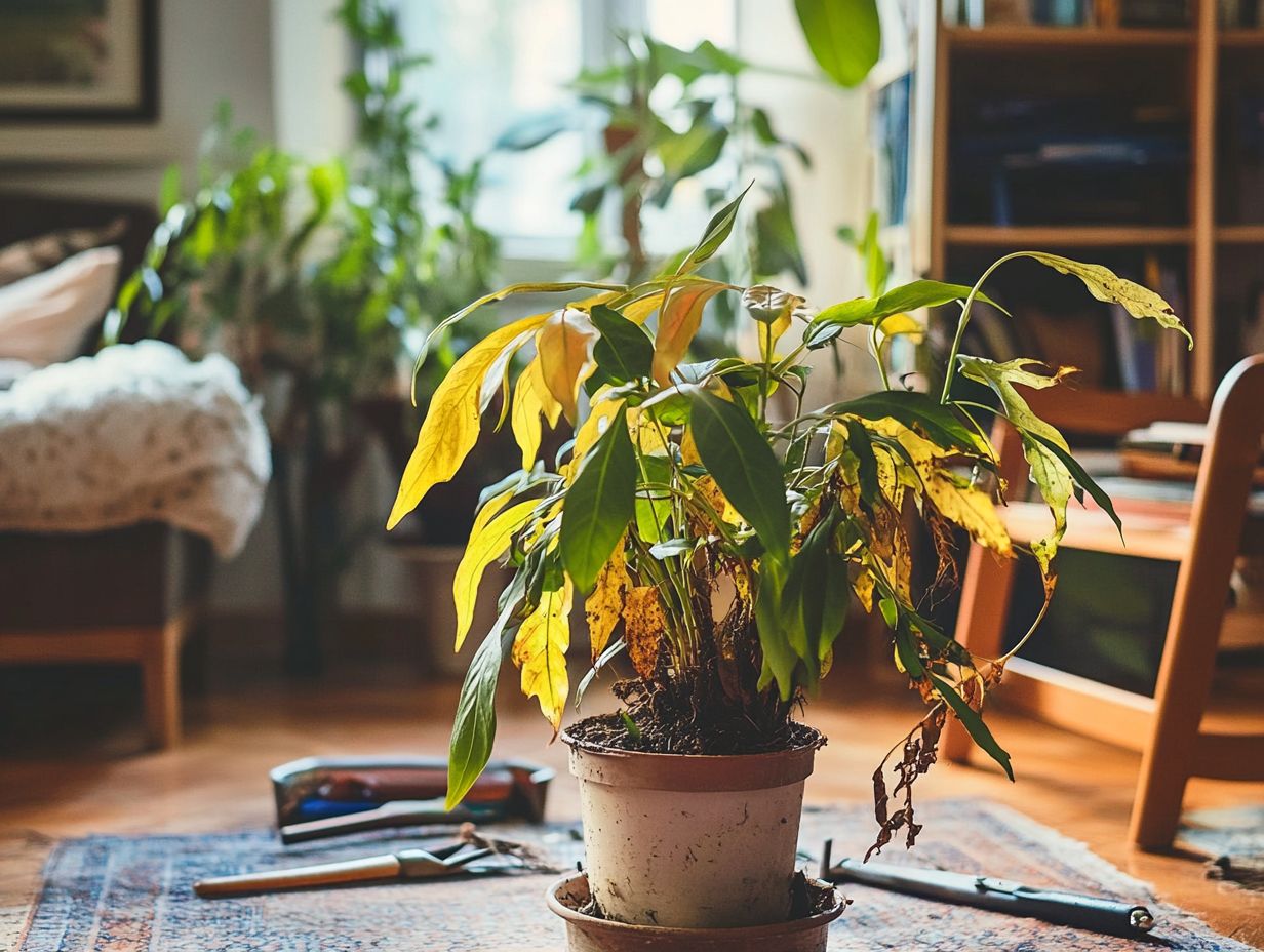 Signs of indoor plant distress, including yellowing leaves.