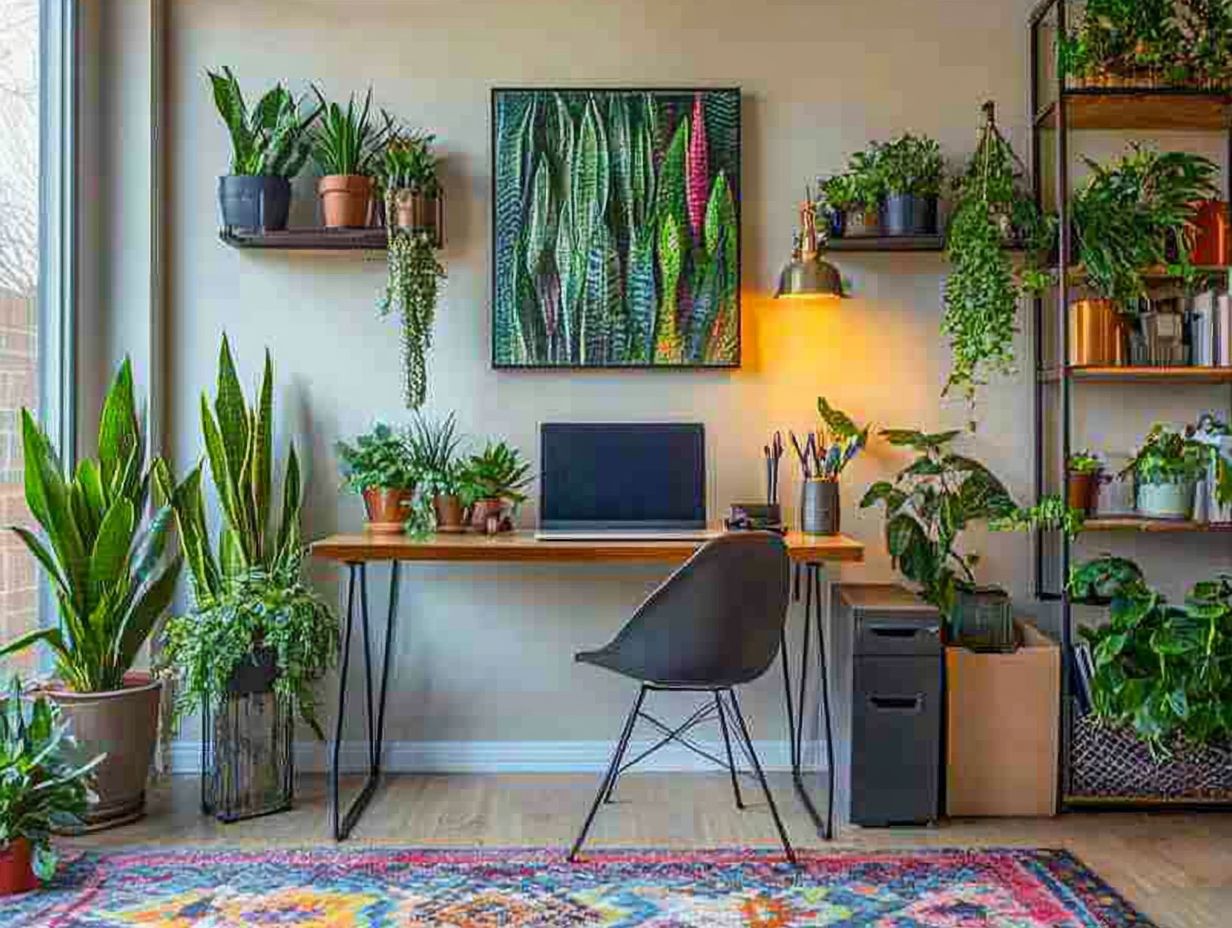 Colorful indoor plants, including Dieffenbachia and Kangaroo Fern, brightening up an office space.