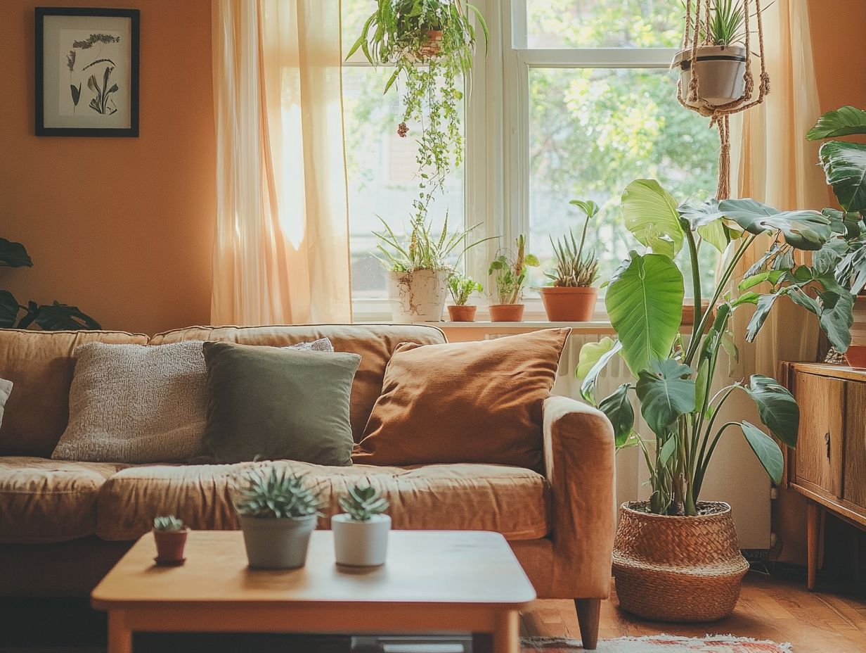 A modern living room featuring various indoor plants that complement modern decor.