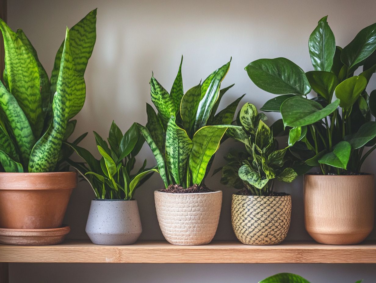 Popular indoor plants that thrive in low light, including snake plants and peace lilies.