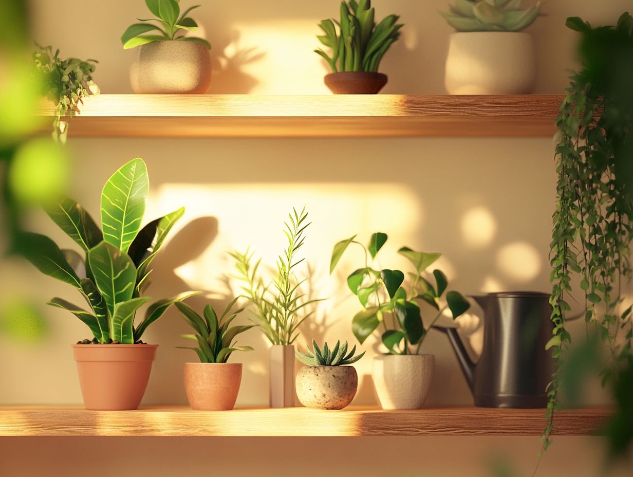 An assortment of low-water indoor plants, showcasing their unique shapes and colors.