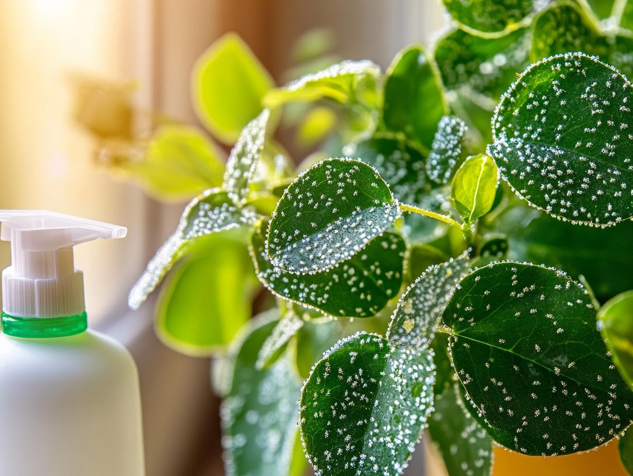 A gardener applying treatments for whitefly control on houseplants.