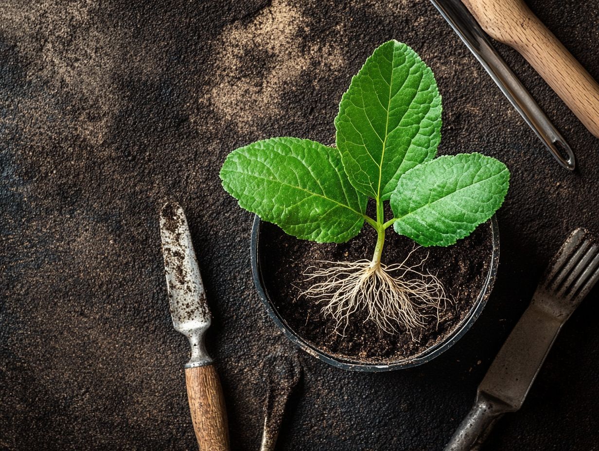 Materials needed for leaf cuttings including scissors, potting mix, and a water mister.