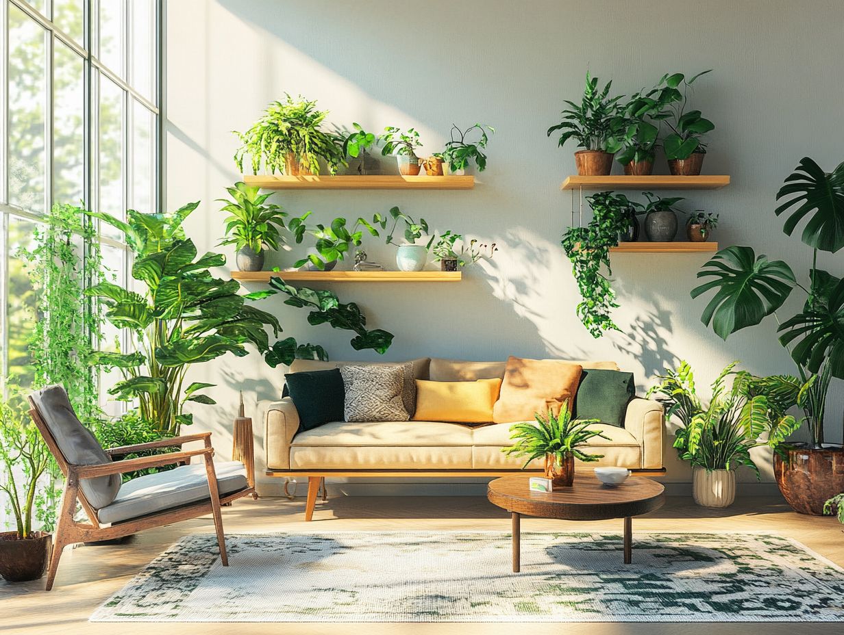 A stylish arrangement of tall plants in a living room corner.