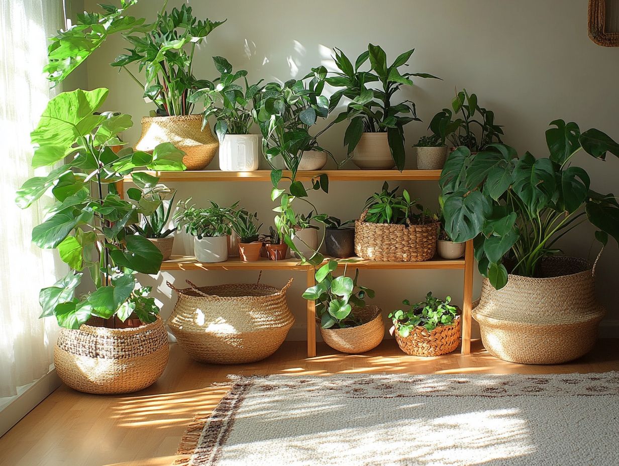 A collection of houseplants in decorative pots