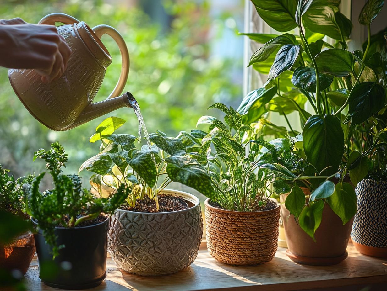 Illustration showing optimal watering frequency and amount for various indoor plants