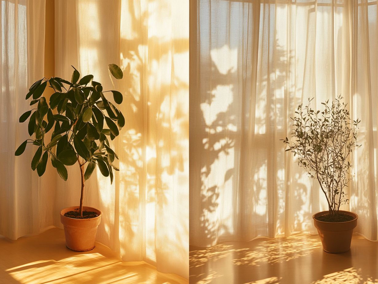 Illustration of the pros and cons of direct vs indirect light for plants