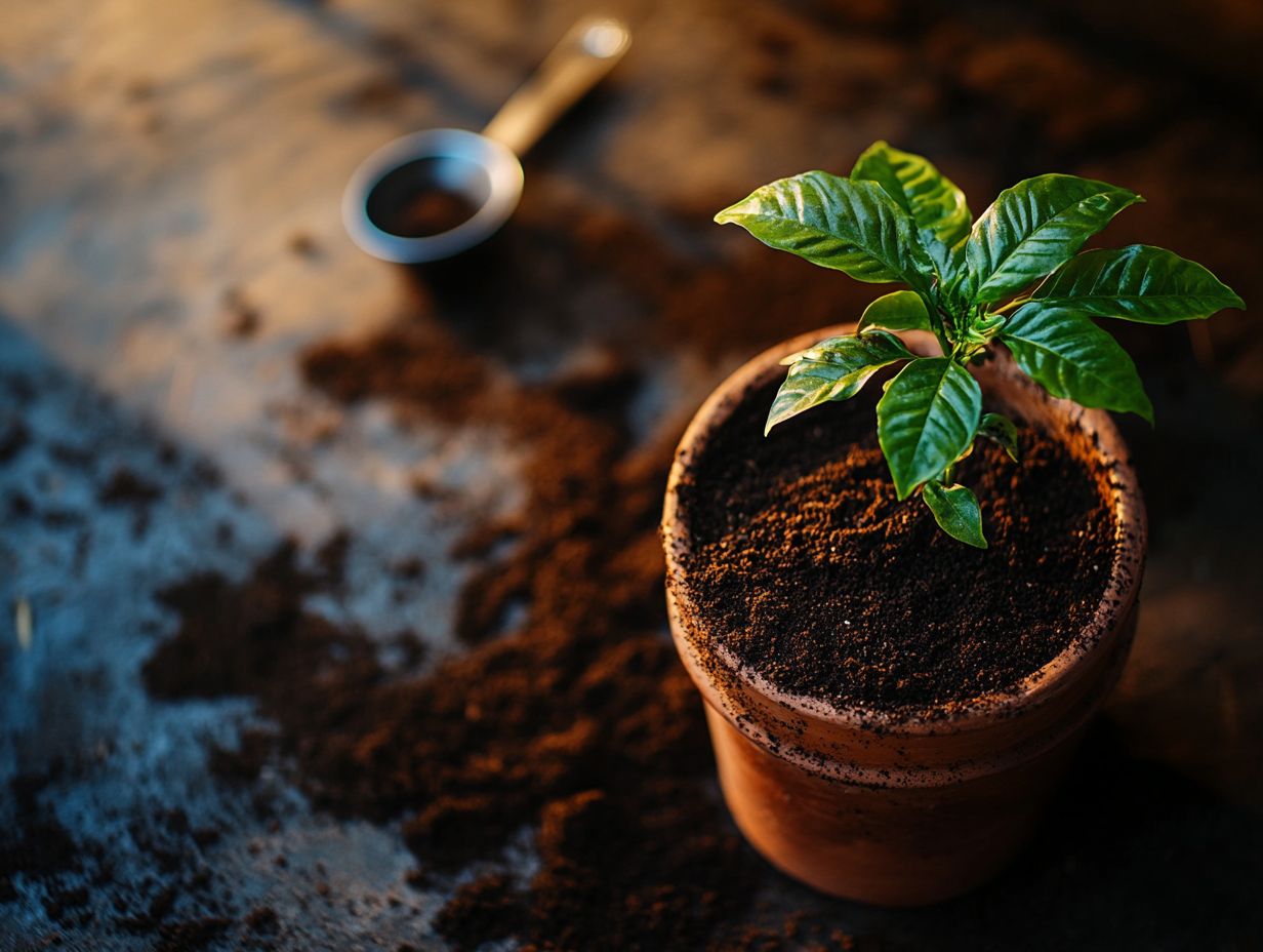 Illustration showing how coffee grounds can be used in indoor plant soil.