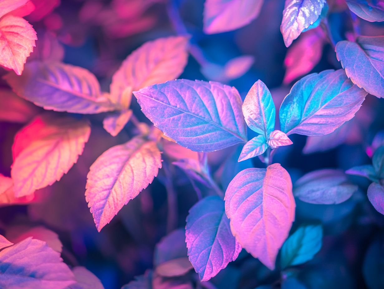 A comparison of indoor plants under UV light showing enhanced colors