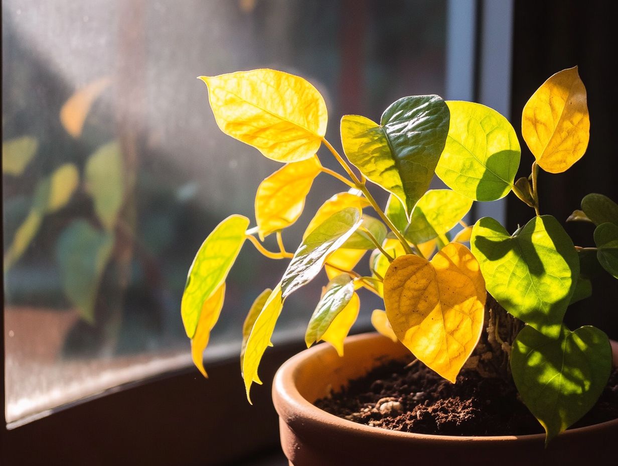 Illustration depicting environmental factors leading to yellow leaves on houseplants.